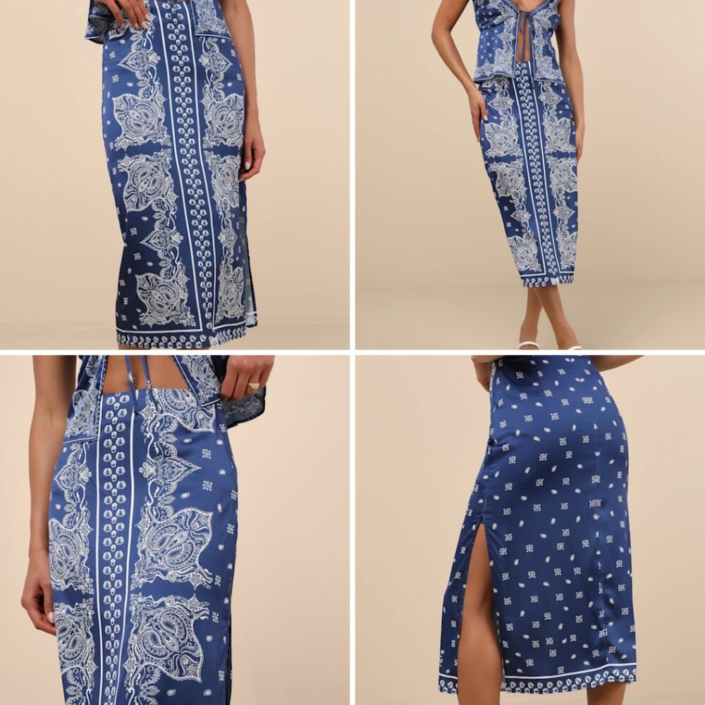 Lulu's Navy Blue & White Paisley Midi Skirt - Picture 2 of 14